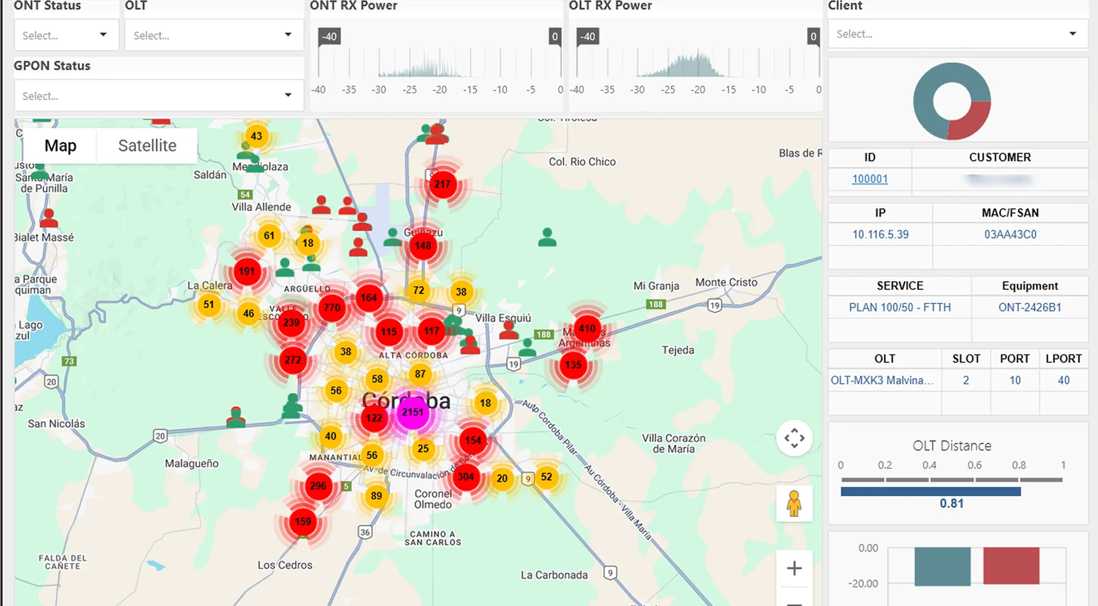 Mapa de calor del estado de las ONT por zona